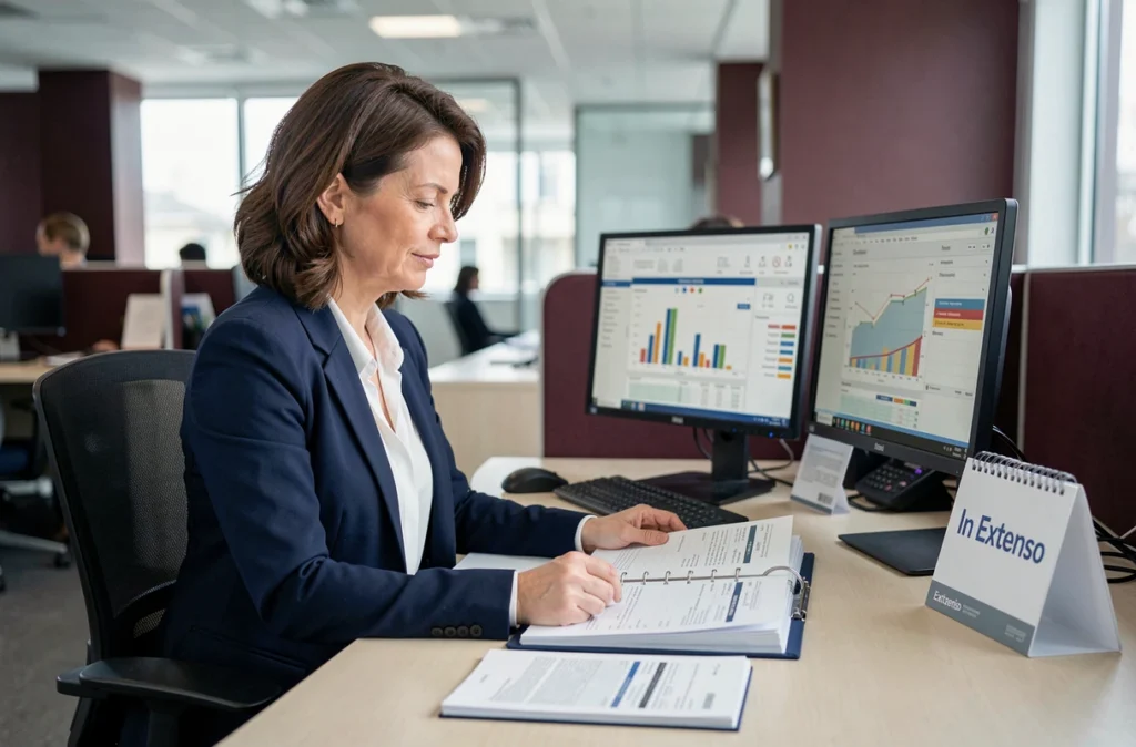 Experte-comptable d'In Extenso Bordeaux consultant un dossier fiscal dans un bureau professionnel bien organisé