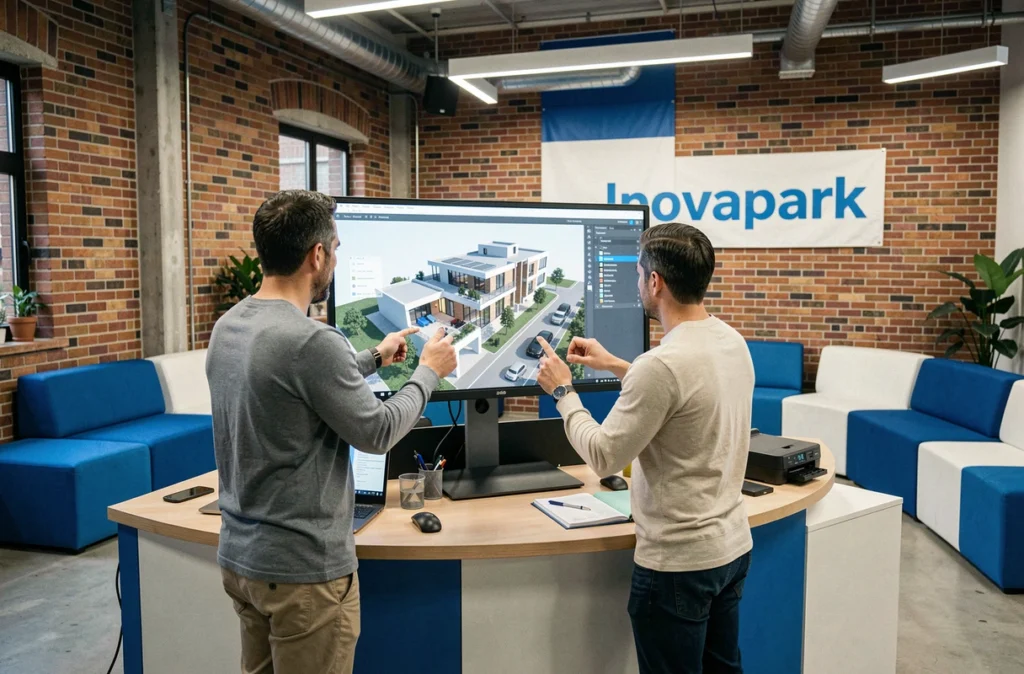 Équipe d'Inovapark collaborant sur une visualisation 3D dans un espace de travail innovant à Dijon