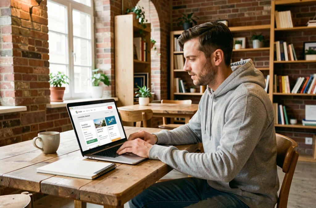 Consultant web consultant le site La Fabrique du Net pour comparer des agences SEO du Grand Est depuis un espace de travail chaleureux
