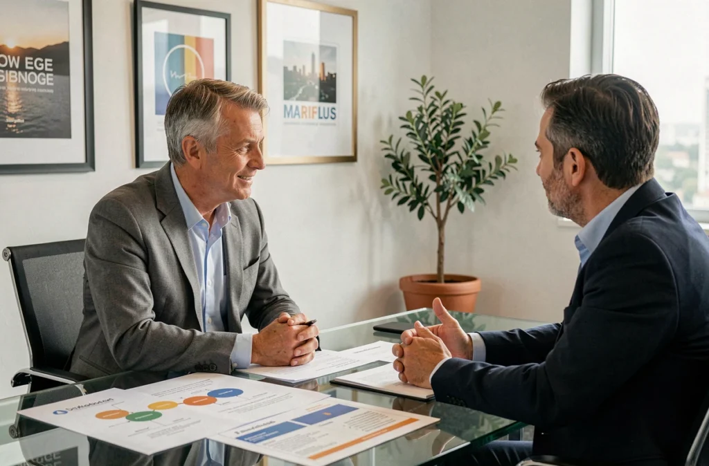 Consultant LHH Recruitment Solutions conseillant un cadre en management de transition dans un bureau professionnel