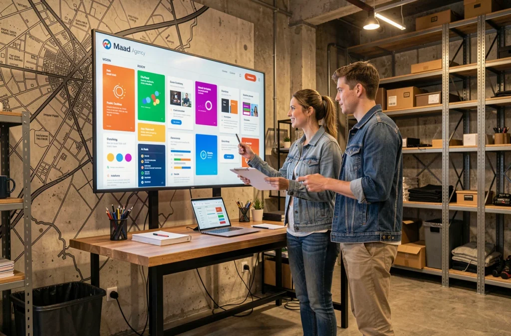 Duo créatif de l'agence Maad à Dijon collaborant sur des maquettes graphiques devant un grand écran tactile