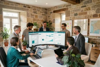Équipe d'une agence web en Côte-d'Or travaillant autour d'écrans dans un bureau moderne aux murs en pierre de Bourgogne