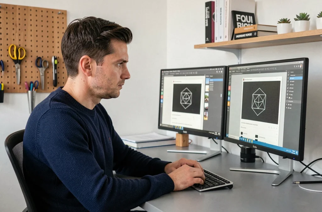 Designer web travaillant sur des maquettes UI dans le studio de l'agence Pixel Agence Web
