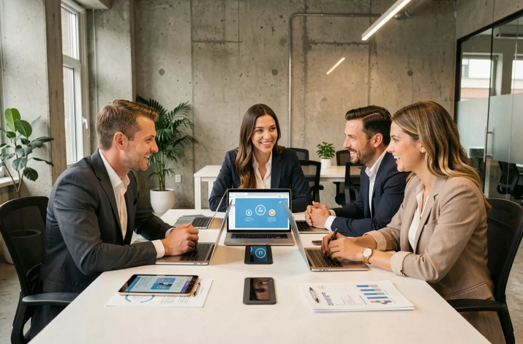 Équipe de professionnels en réunion stratégique autour d'une plateforme de réseau B2B