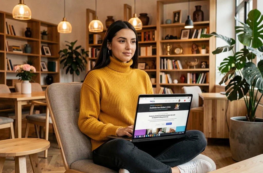 Développeuse web de l'agence Rhillane travaillant sur un site multilingue dans un espace de coworking chaleureux