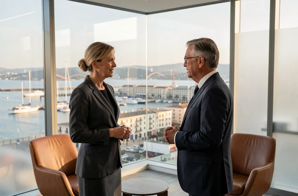 Chasseuse de têtes Robert Walters Marseille en entretien avec un cadre dirigeant dans un bureau avec vue sur le Vieux-Port