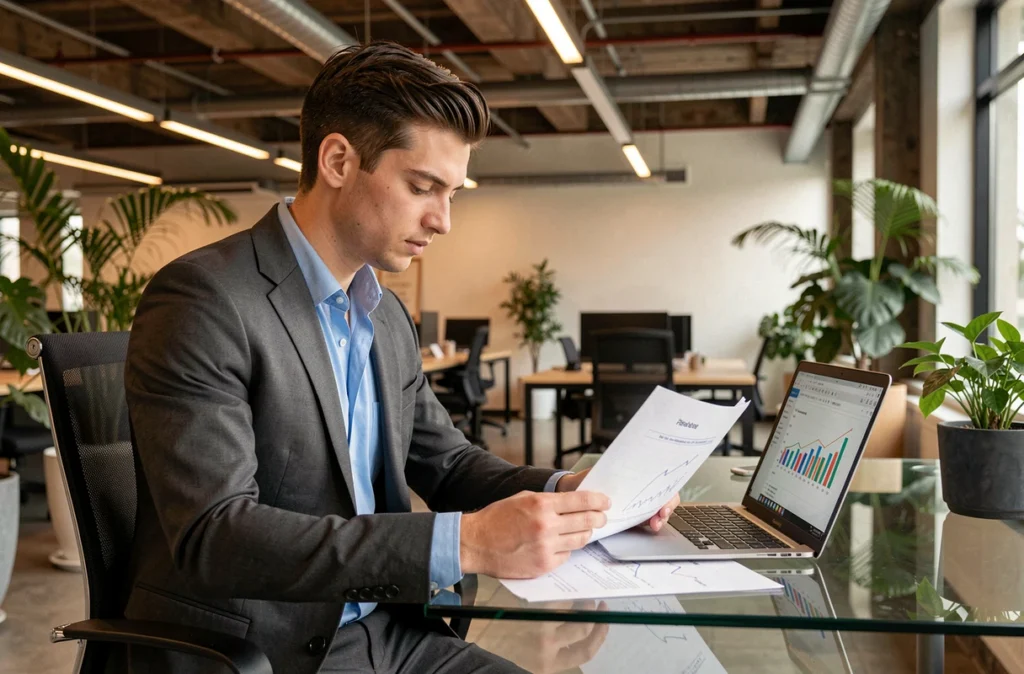 Expert-comptable de SFC Expert Bordeaux analysant des données financières sur papier et ordinateur dans un bureau contemporain
