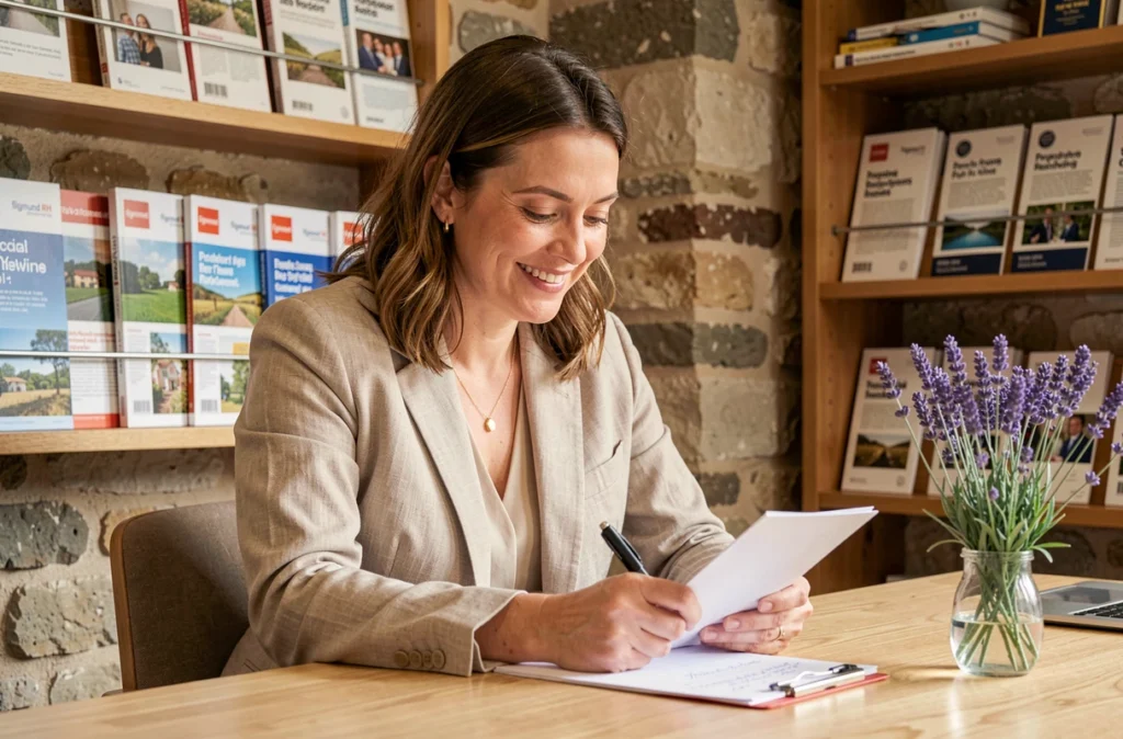 Recruteuse de Sigmund RH en entretien dans un cabinet à l'ambiance provençale avec murs en pierre apparente