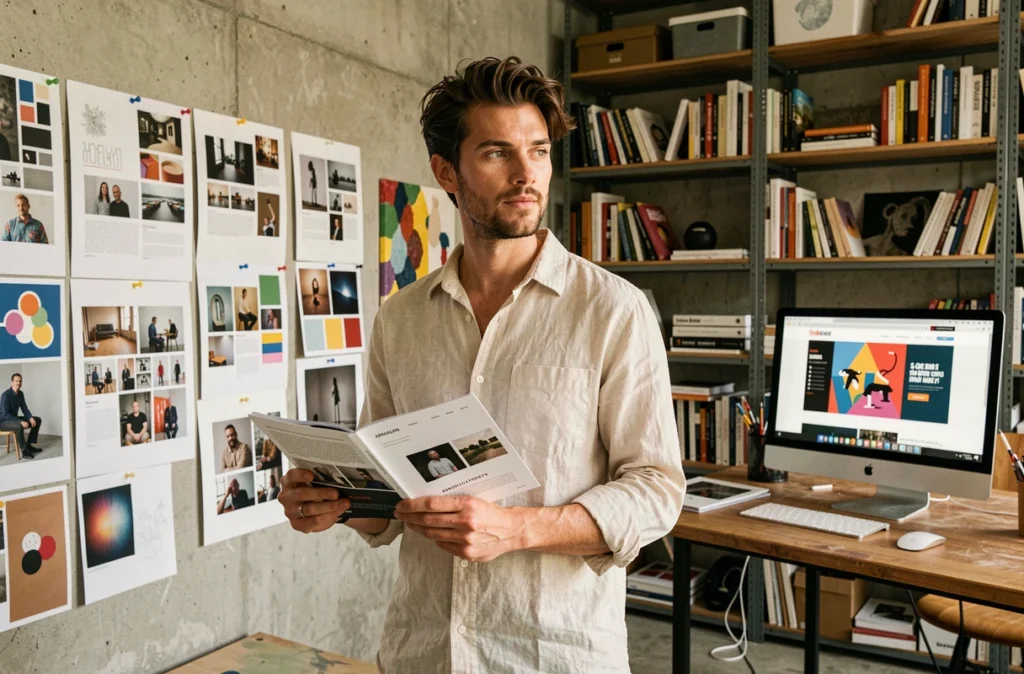 Directeur créatif de Studio Entêté dans un atelier artistique entouré de planches de création de sites web