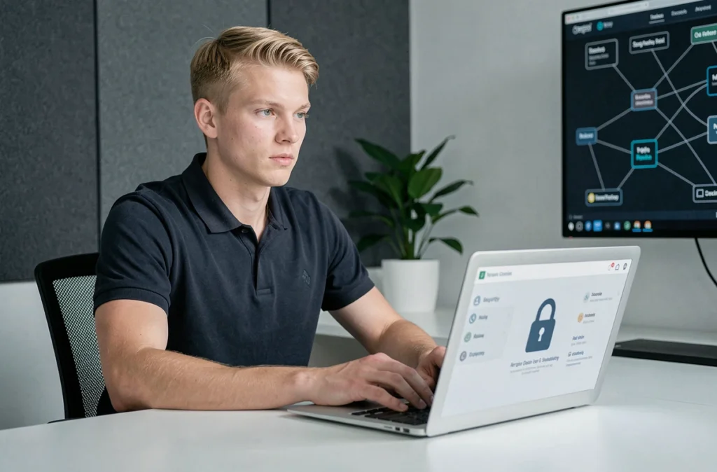 Expert en cybersécurité web chez Unicorn Security analysant un tableau de bord de sécurité de site internet