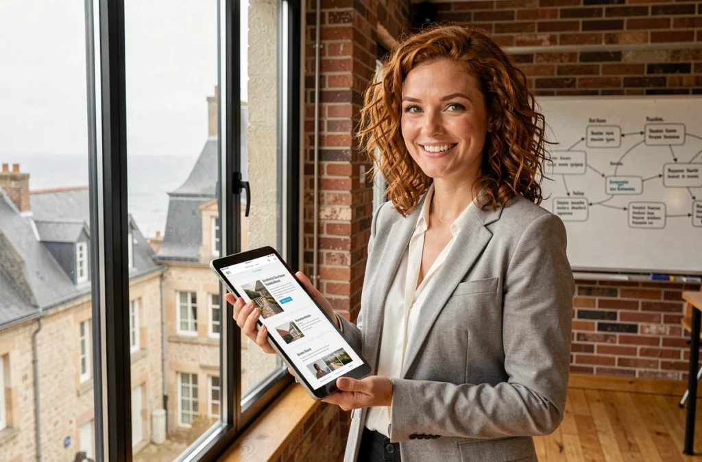 Professionnelle de l'agence Web Armor présentant une maquette de site responsive dans un espace moderne