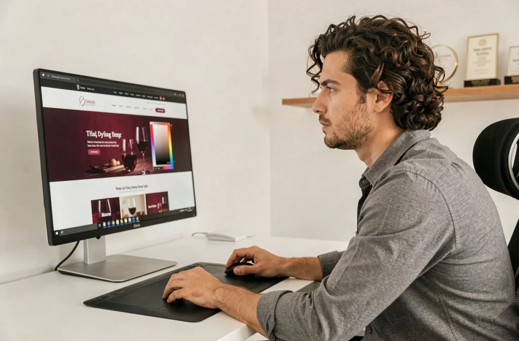 Designer UI spécialisé en Web Design à Dijon travaillant sur une mise en page web élégante aux thèmes bourguignons