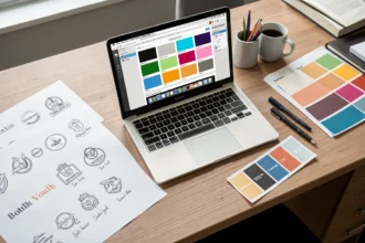 Bureau de designer avec croquis de logo et nuancier de couleurs