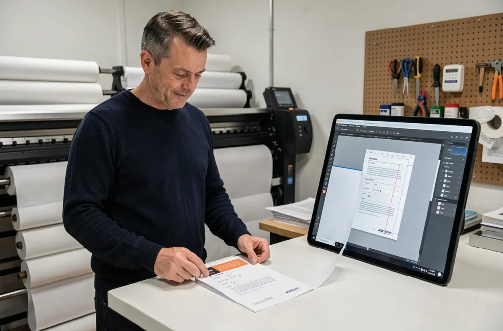Graphiste comparant un flyer A4 imprimé et ses paramètres PDF sur une tablette dans un studio d'impression professionnel