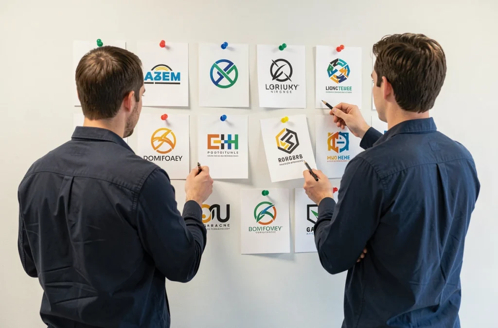 Designers comparant plusieurs pistes de logo imprimées sur une table